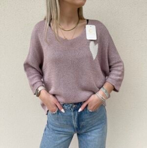 Pull brillant rose motif coeur