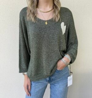 Pull brillant kaki motif coeur