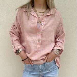 Chemise en lin détails broderie rose pâle
