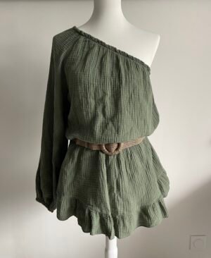 Combishort "one shoulder" en gaze de coton kaki