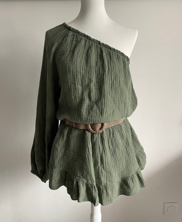 Combishort "one shoulder" en gaze de coton kaki