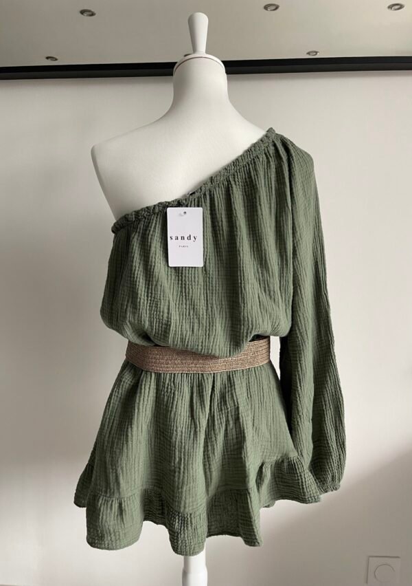 Combishort "one shoulder" en gaze de coton kaki – Image 2