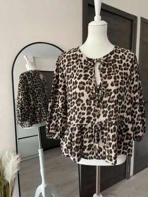 Blouse à noeuds en gaze de coton imprimé léopard beige