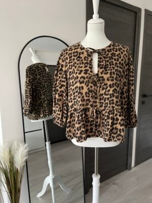 Blouse à noeuds en gaze de coton imprimé léopard marron