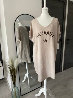 Robe courte en gaze de coton beige imprimé “SAUVAGE”