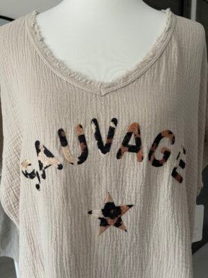 Robe courte en gaze de coton beige imprimé “SAUVAGE”