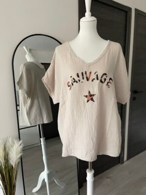 T-shirt en gaze de coton beige imprimé « SAUVAGE » léopard