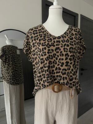 T-shirt en coton imprimé léopard marron