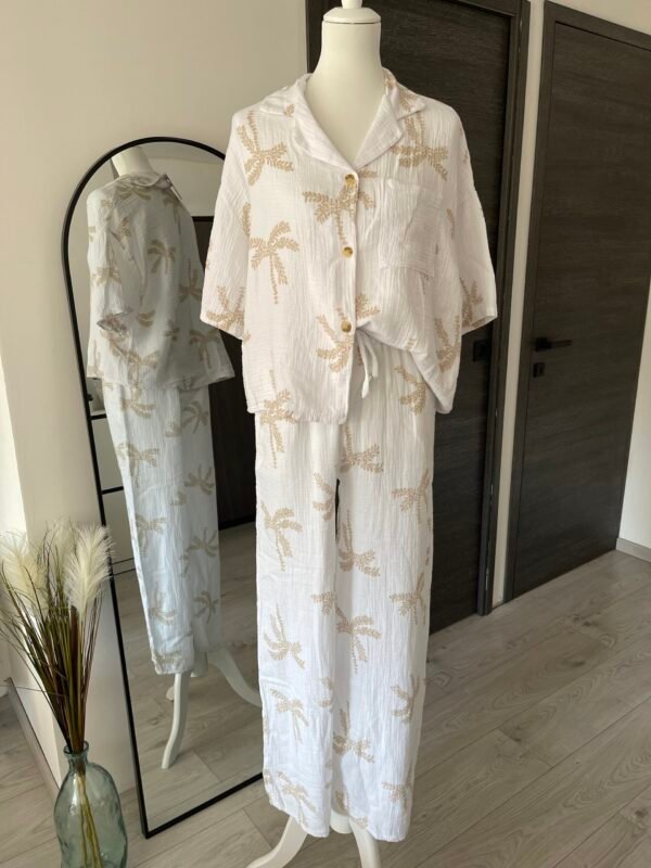 Pantalon blanc en gaze de coton motif palmiers beige – Image 3