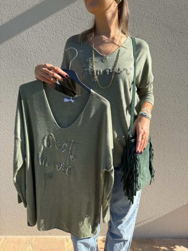 Pull fluide « Amour » kaki – Image 2