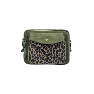 Sac bandoulière cuir irisé vert détails léopard