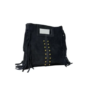 Sac bandoulière à franges en cuir suédé détails clous noir