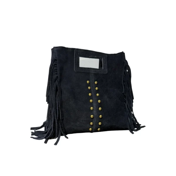 Sac bandoulière à franges en cuir suédé détails clous noir