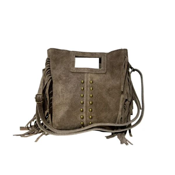 Sac bandoulière à franges en cuir suédé détails clous taupe – Image 2