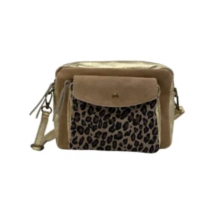 Sac bandoulière cuir irisé beige détails léopard