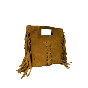 Sac bandoulière à franges en cuir suédé détails clous camel