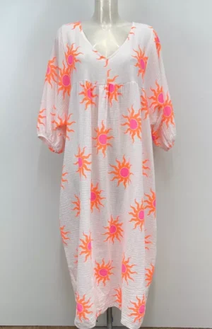Robe longue blanche motif soleil en gaze de coton